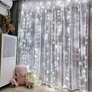 honche led curtain lights 300 led 8 modes usb with remote for home room bedroom wedding party christmas window wall decorations room decor (cool white)