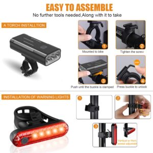 WASAGA USB Rechargeable Bike Light Set - 3000 Lumens Bike Headlight Super Bright Waterproof Bicycle Light and Taillight for Road Bike, BMX