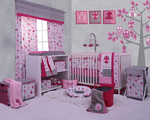 Bacati Owls Girls Cotton Activity Gym with Mat, Pink/Grey