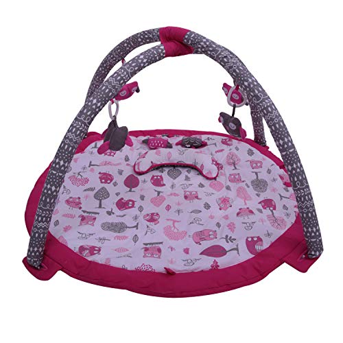 Bacati Owls Girls Cotton Activity Gym with Mat, Pink/Grey