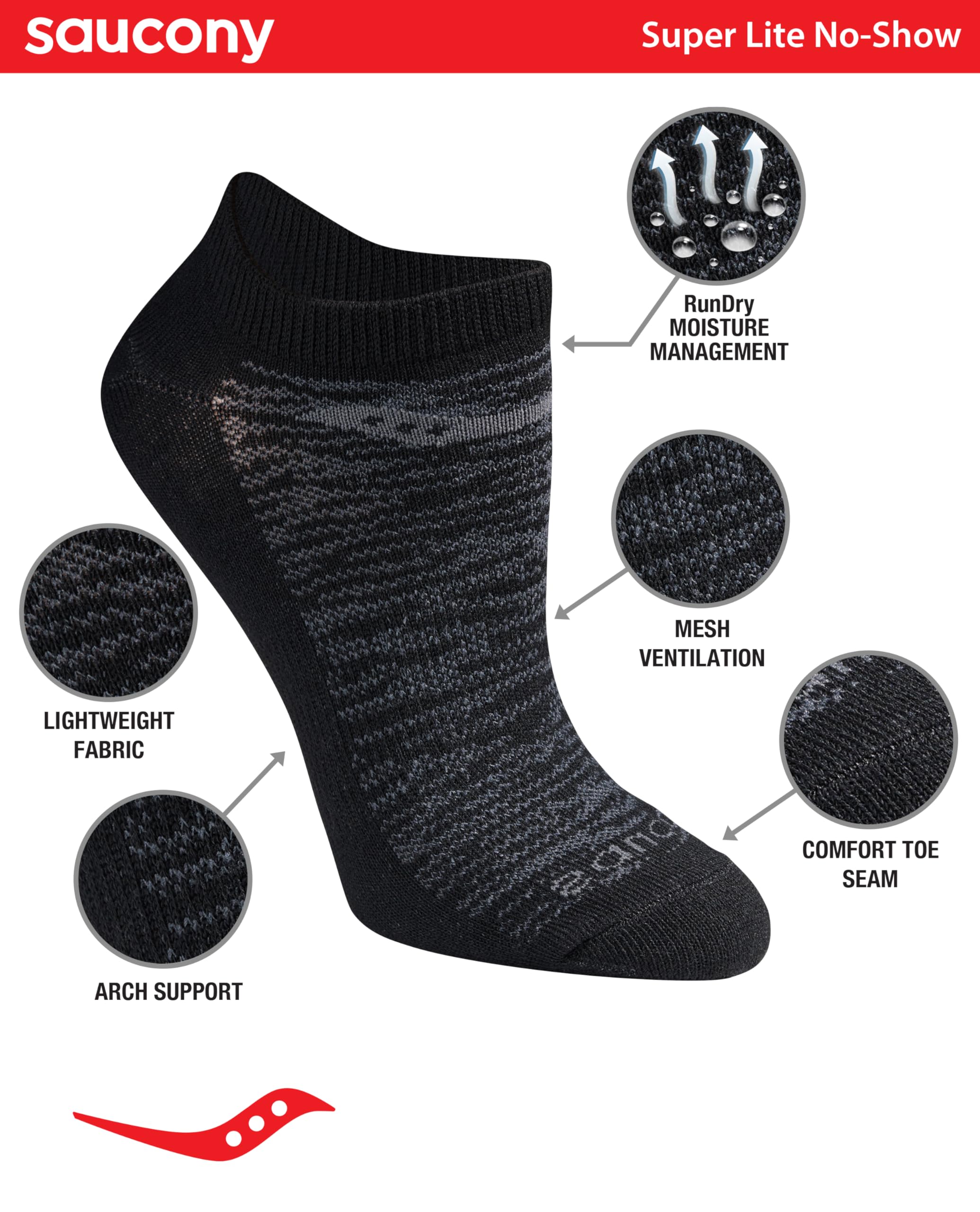 Saucony Women's Performance Super Lite No-Show Athletic Running Socks Multipack, Black Fashion (8 Pairs), Shoe Size: 6-10 M