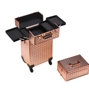 Rolling Train Case 4-in1 with extra lid Portable Makeup Train Case Professional Cosmetic Organizer Makeup Traveling case Trolley Cart Trunk (Rose Gold)