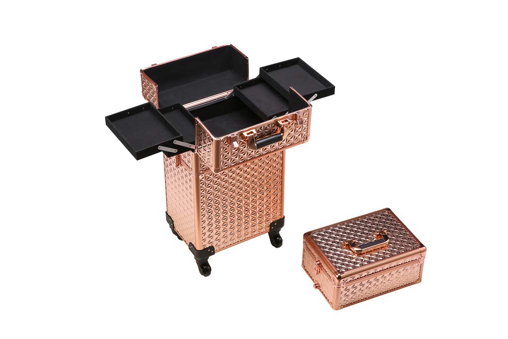 Rolling Train Case 4-in1 with extra lid Portable Makeup Train Case Professional Cosmetic Organizer Makeup Traveling case Trolley Cart Trunk (Rose Gold)