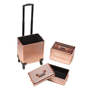 Rolling Train Case 4-in1 with extra lid Portable Makeup Train Case Professional Cosmetic Organizer Makeup Traveling case Trolley Cart Trunk (Rose Gold)