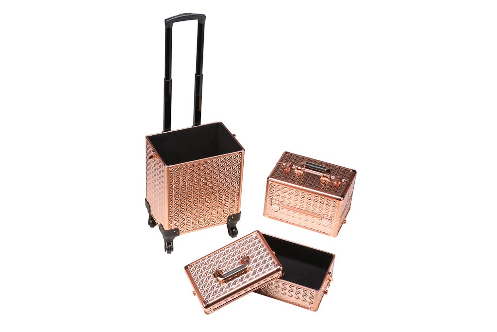 Rolling Train Case 4-in1 with extra lid Portable Makeup Train Case Professional Cosmetic Organizer Makeup Traveling case Trolley Cart Trunk (Rose Gold)