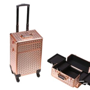 Rolling Train Case 4-in1 with extra lid Portable Makeup Train Case Professional Cosmetic Organizer Makeup Traveling case Trolley Cart Trunk (Rose Gold)