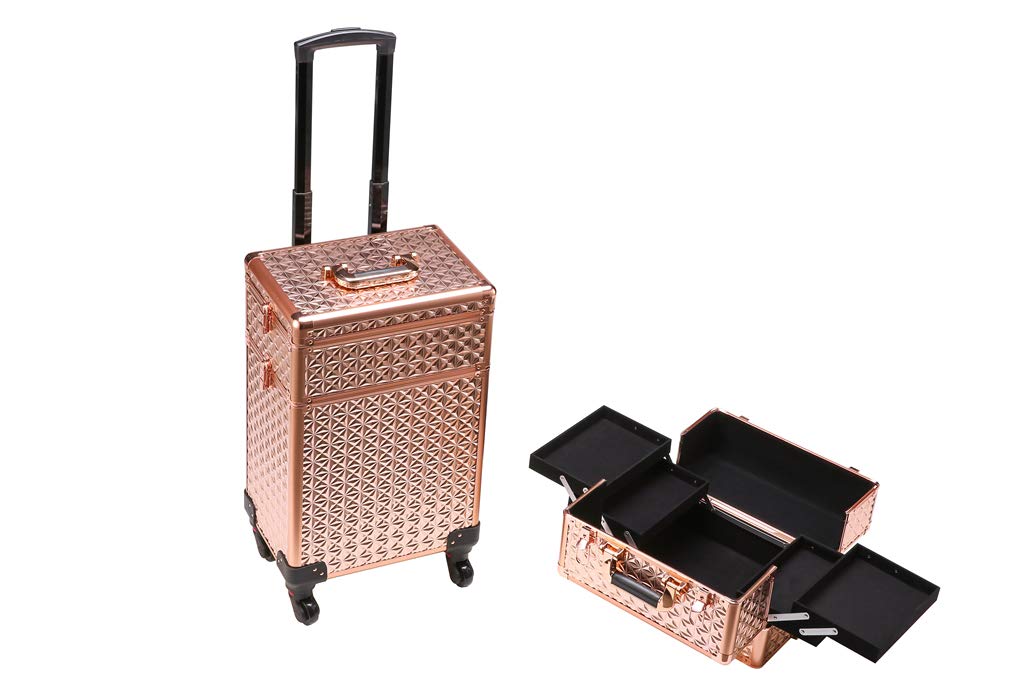 Rolling Train Case 4-in1 with extra lid Portable Makeup Train Case Professional Cosmetic Organizer Makeup Traveling case Trolley Cart Trunk (Rose Gold)