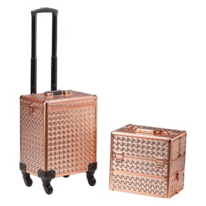 Rolling Train Case 4-in1 with extra lid Portable Makeup Train Case Professional Cosmetic Organizer Makeup Traveling case Trolley Cart Trunk (Rose Gold)