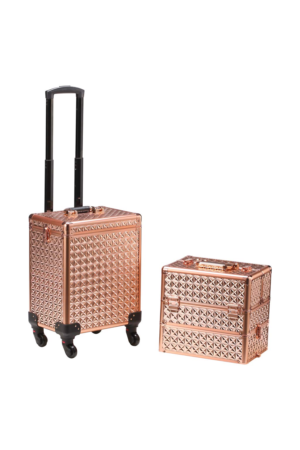 Rolling Train Case 4-in1 with extra lid Portable Makeup Train Case Professional Cosmetic Organizer Makeup Traveling case Trolley Cart Trunk (Rose Gold)