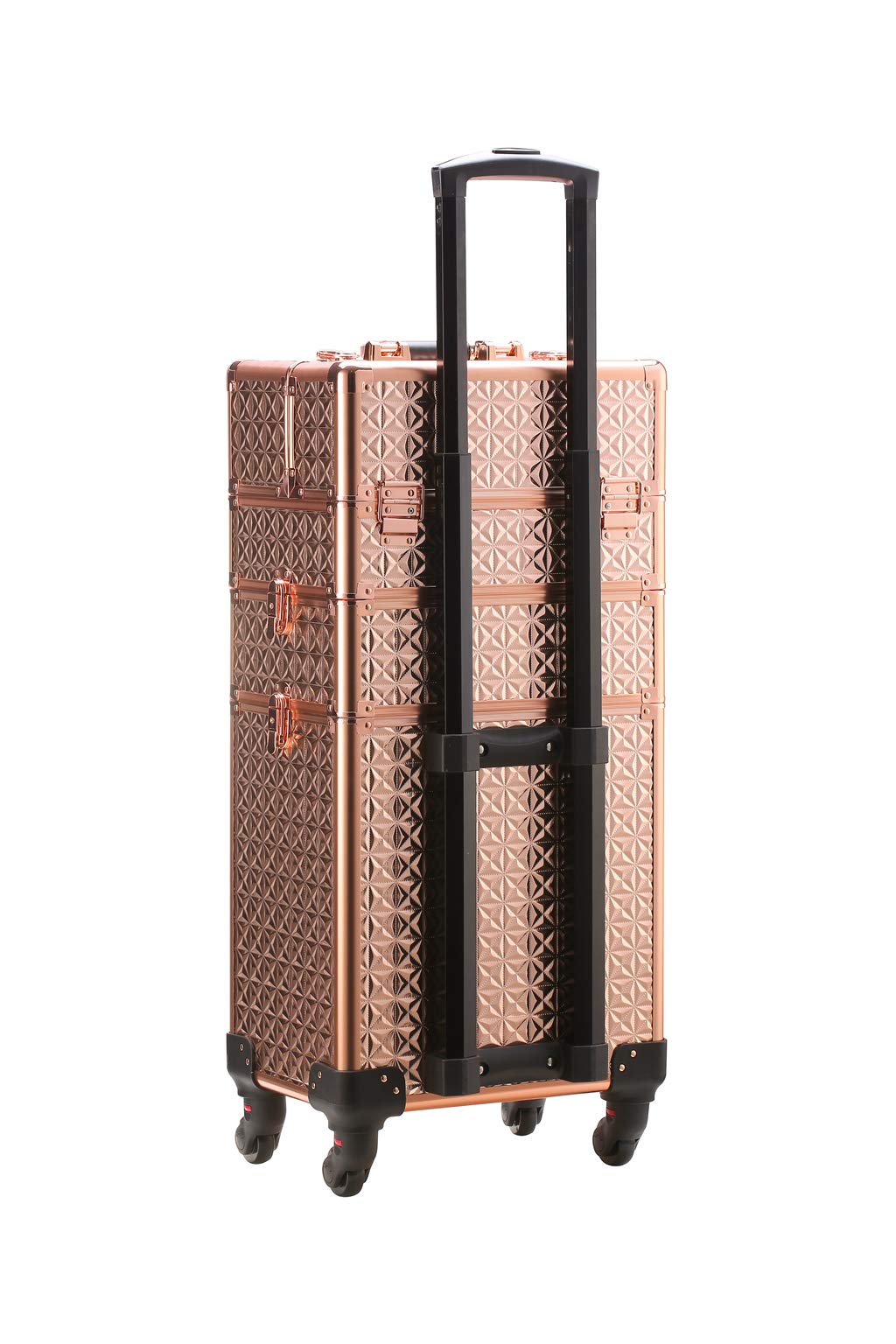 Rolling Train Case 4-in1 with extra lid Portable Makeup Train Case Professional Cosmetic Organizer Makeup Traveling case Trolley Cart Trunk (Rose Gold)