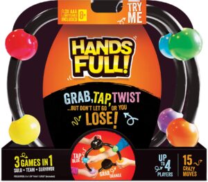 hands full! - an interactive family game of twisted challenges and tangled fun - grab, tap and twist but don't let go or you lose! - 3 games in 1, for ages 8 years & up