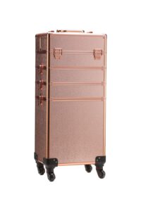 rolling train case 5-in-1 portable makeup train case professional cosmetic organizer makeup traveling case trolley cart trunk (rose gold)