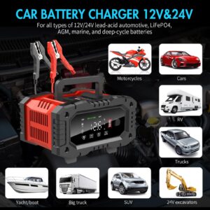 YONHAN Battery Charger 20 Amp Lifepo4 Float Fully-Automatic Smart Charger, 12V and 24V Car Battery Trickle Charger, Maintainer/Pulse Repair Charger for Car, Boat, Motorcycle, Lawn Mower
