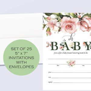 Moonrise Papery Set of 25 Pink Floral Baby Shower Invitations for Girl, Oh Baby Invitations for Baby Shower, Fill-In Style Invitations with Envelopes