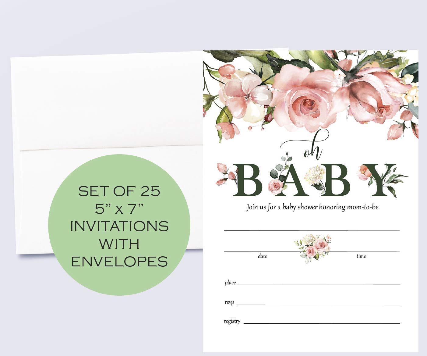 Moonrise Papery Set of 25 Pink Floral Baby Shower Invitations for Girl, Oh Baby Invitations for Baby Shower, Fill-In Style Invitations with Envelopes