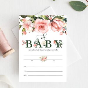 Moonrise Papery Set of 25 Pink Floral Baby Shower Invitations for Girl, Oh Baby Invitations for Baby Shower, Fill-In Style Invitations with Envelopes