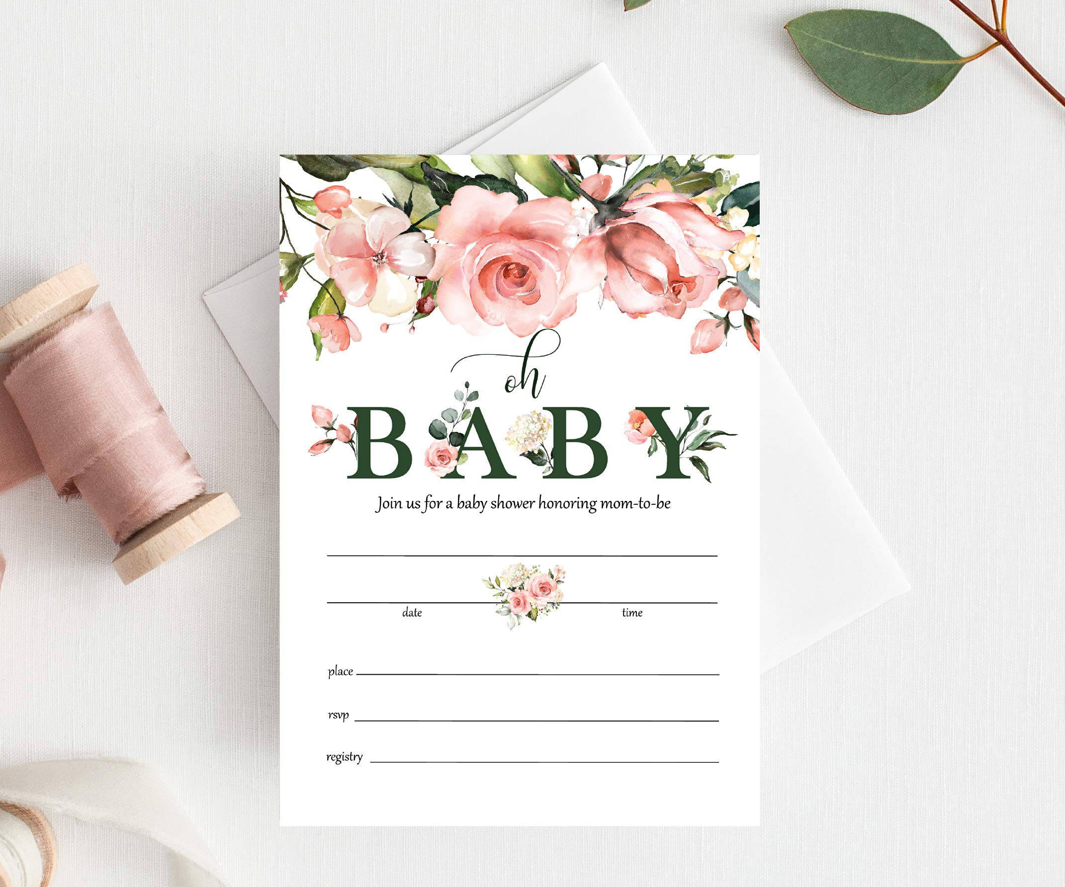 Moonrise Papery Set of 25 Pink Floral Baby Shower Invitations for Girl, Oh Baby Invitations for Baby Shower, Fill-In Style Invitations with Envelopes