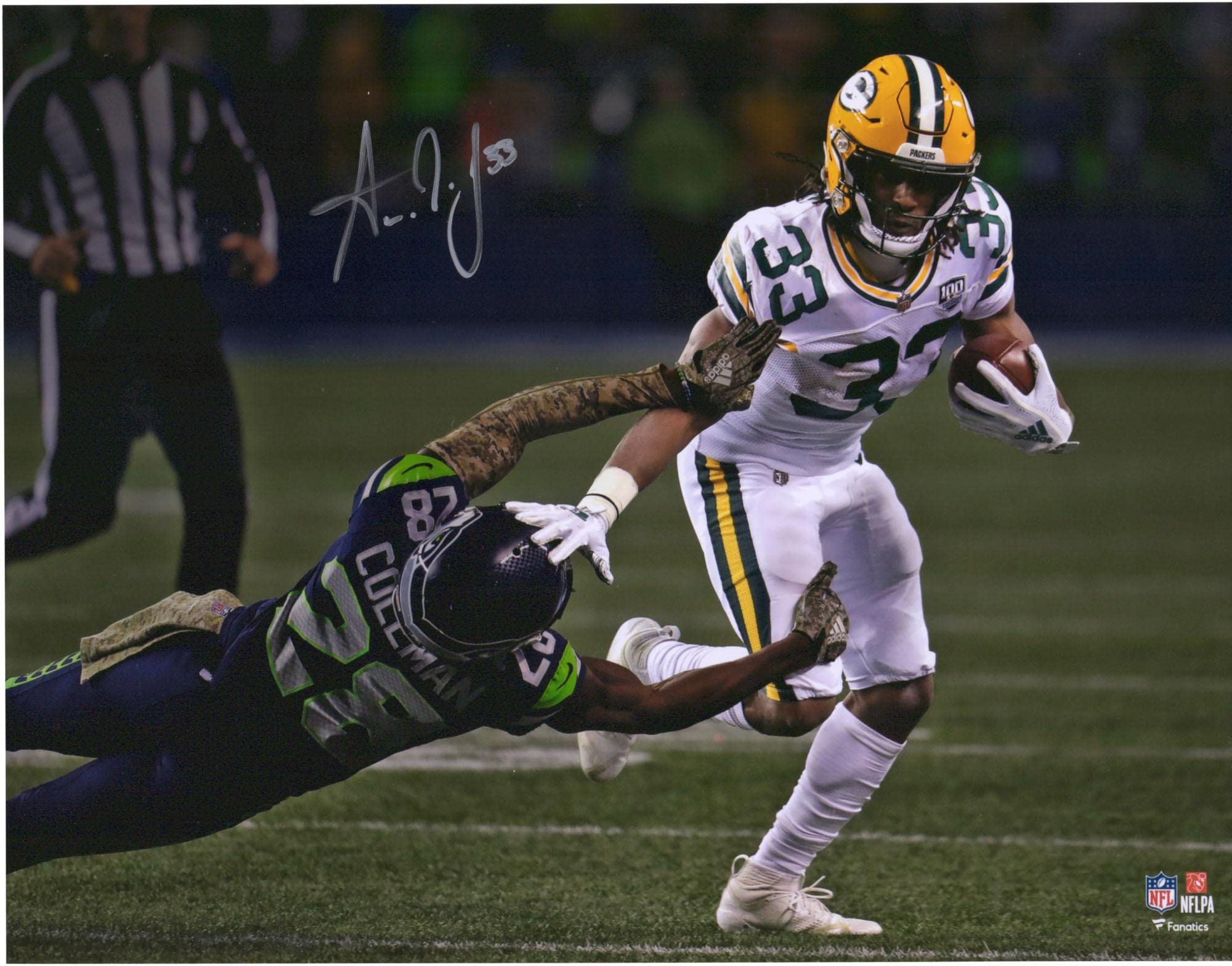 Aaron Jones Green Bay Packers Autographed 11" x 14" Stiff Arm White Jersey Photograph - Autographed NFL Photos