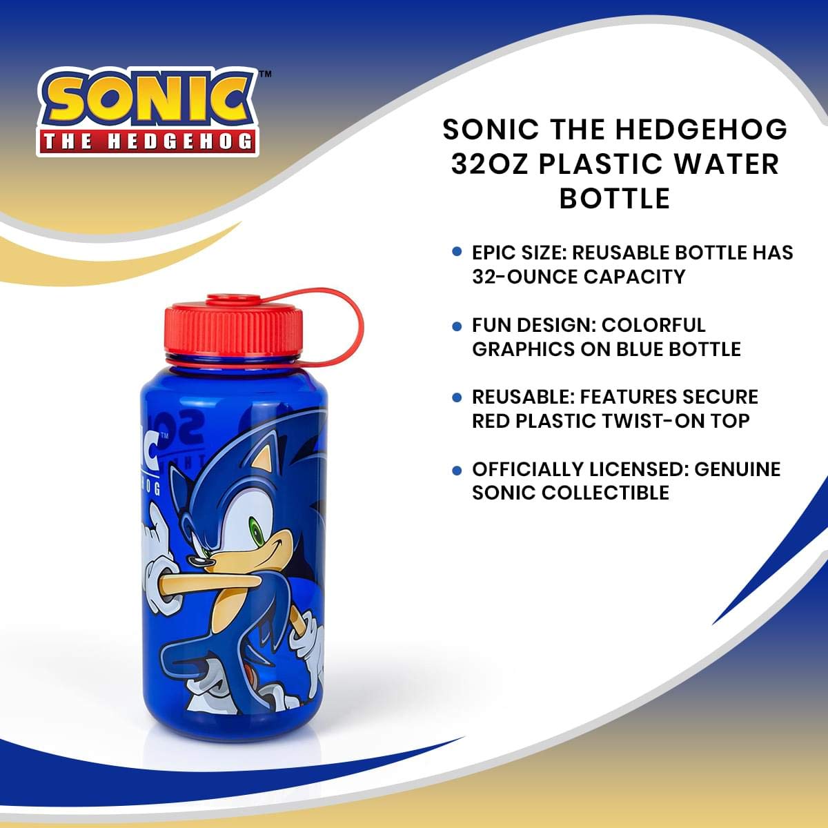 Just Funky Sonic The Hedgehog Plastic Water Bottle - Reusable 32oz Travel Tumbler Drink Holder With Leak/Spill-Proof Lid - Great For School, Sports, Backpack, Lunchbox, Birthday Party Favors - From