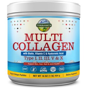 terranics multi collagen powder type i ii ii v x with biotin vc hyaluronic acid, paleo & keto friendly, skin hair nail & joint support, bovine marine chicken & eggshell, unflavored