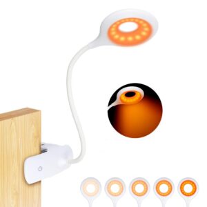 clip-on reading light for bed - amber book read light rechargeable 5 brightness desk light clamp lamp, touch control dimmable lamp with flexible neck, gentle night light(white)