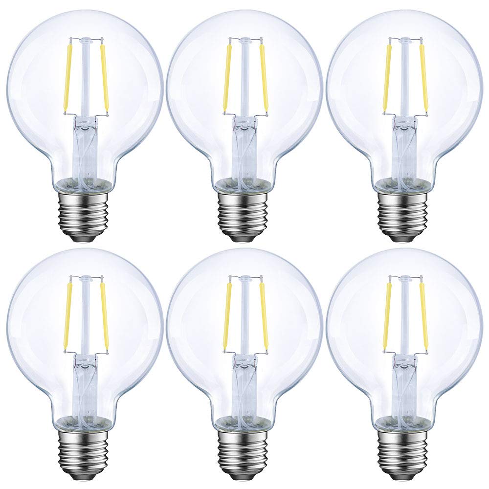 Dimmable LED Edison Light Bulb, G25 (G80) Globe Shape, Clear Glass, 40 Watt Equivalent, 2700K Soft White, Christmas Light, E26 Standard Base, UL Listed, 6-Pack