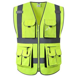 jksafety 10 pockets class 2 high visibility zipper front safety vest yellow with high reflective strips meets ansi/isea standards (88-yellow, medium)