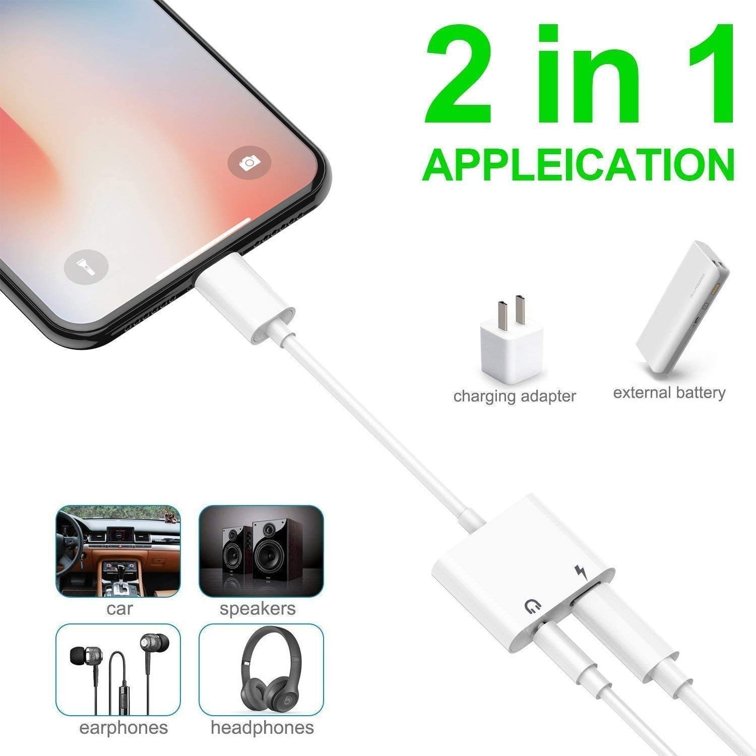 Assrid [Apple MFi Certified] 2-Pack iPhone Headphone Adapter & Splitter, 2 in 1 Lightning to 3.5mm Headphone Audio & Charger for iPhone 12/11/SE 2020/XS/XR/X/8 7/iPad/iPod, Support Call+Music Control