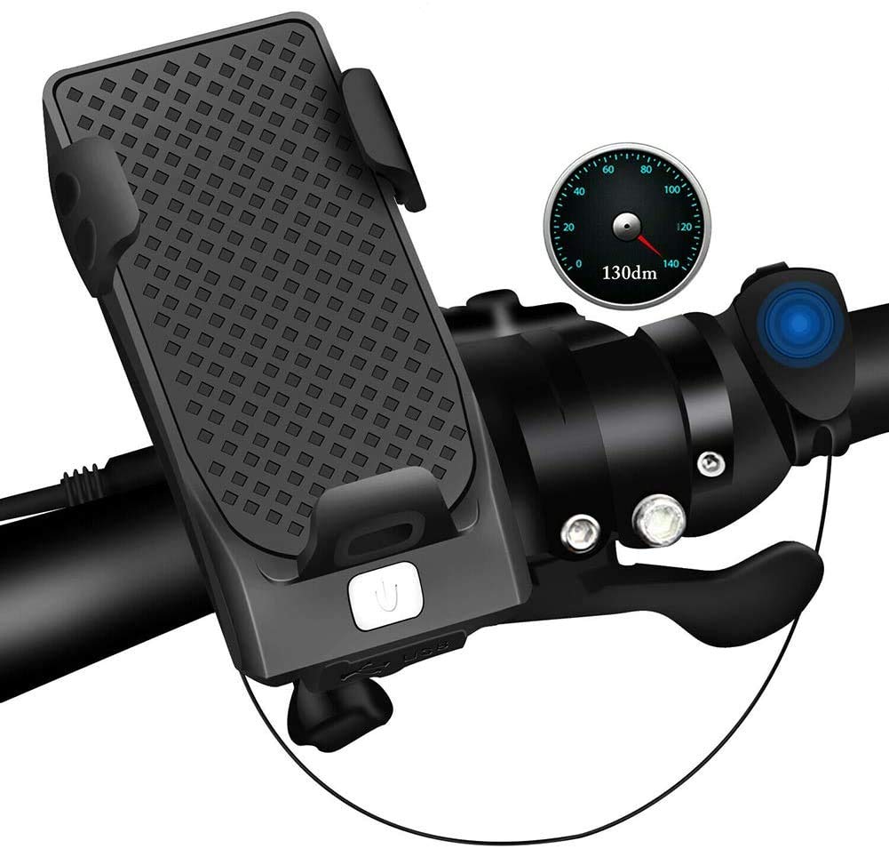 4-In-1 Bike Headlight, BessieSparks - Bicycle Horn, Phone Holder, USB Rechargeable Power Bank, Waterproof Adjustable Shock-Absorbing with LED Light & Horn, for 4 to 6.6 inches Phone