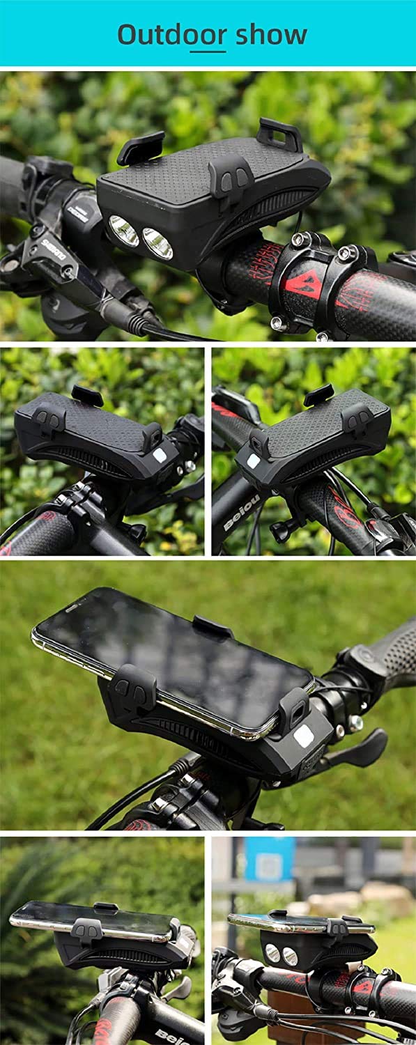 4-In-1 Bike Headlight, BessieSparks - Bicycle Horn, Phone Holder, USB Rechargeable Power Bank, Waterproof Adjustable Shock-Absorbing with LED Light & Horn, for 4 to 6.6 inches Phone