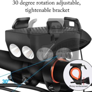 4-In-1 Bike Headlight, BessieSparks - Bicycle Horn, Phone Holder, USB Rechargeable Power Bank, Waterproof Adjustable Shock-Absorbing with LED Light & Horn, for 4 to 6.6 inches Phone