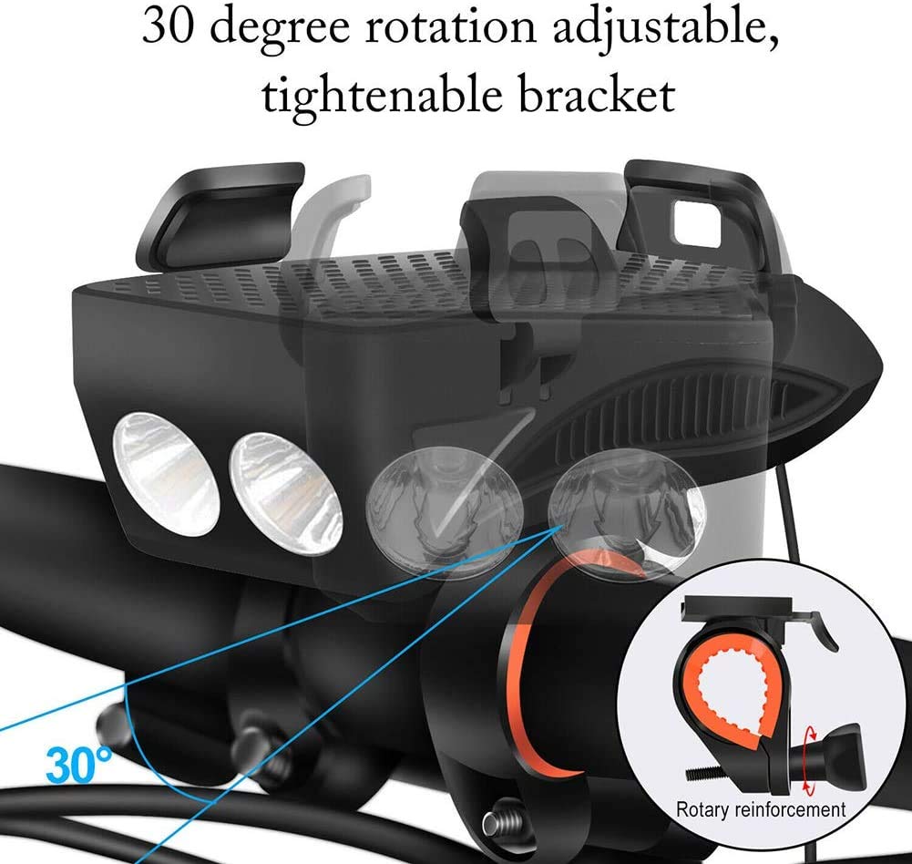 4-In-1 Bike Headlight, BessieSparks - Bicycle Horn, Phone Holder, USB Rechargeable Power Bank, Waterproof Adjustable Shock-Absorbing with LED Light & Horn, for 4 to 6.6 inches Phone