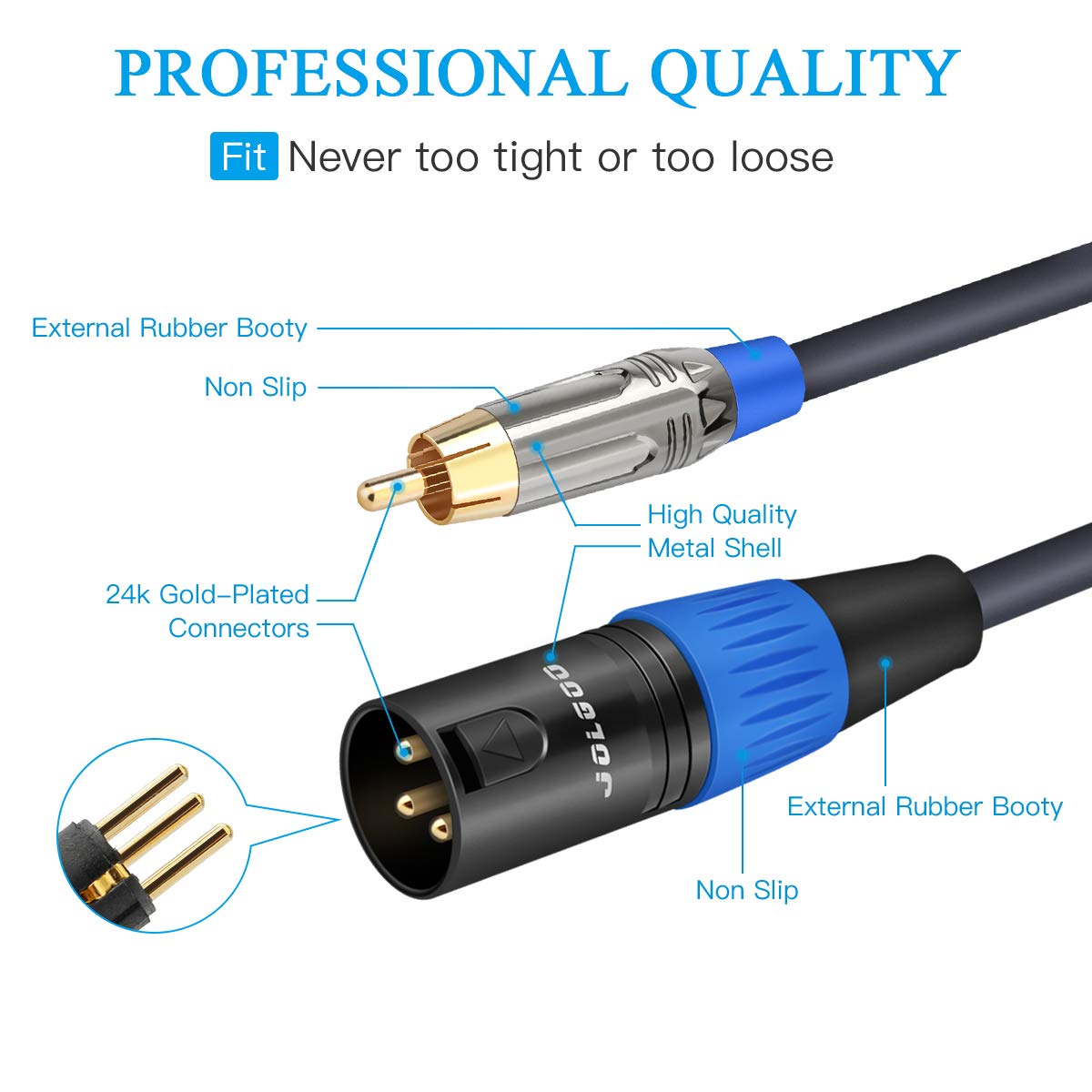 JOLGOO RCA to XLR Cable, Dual RCA Male to Dual XLR Male Cable, 2 RCA Male to 2 XLR Male HiFi Audio Cable, 4N OFC Wire, for Amplifier Mixer Microphone, 10 Feet