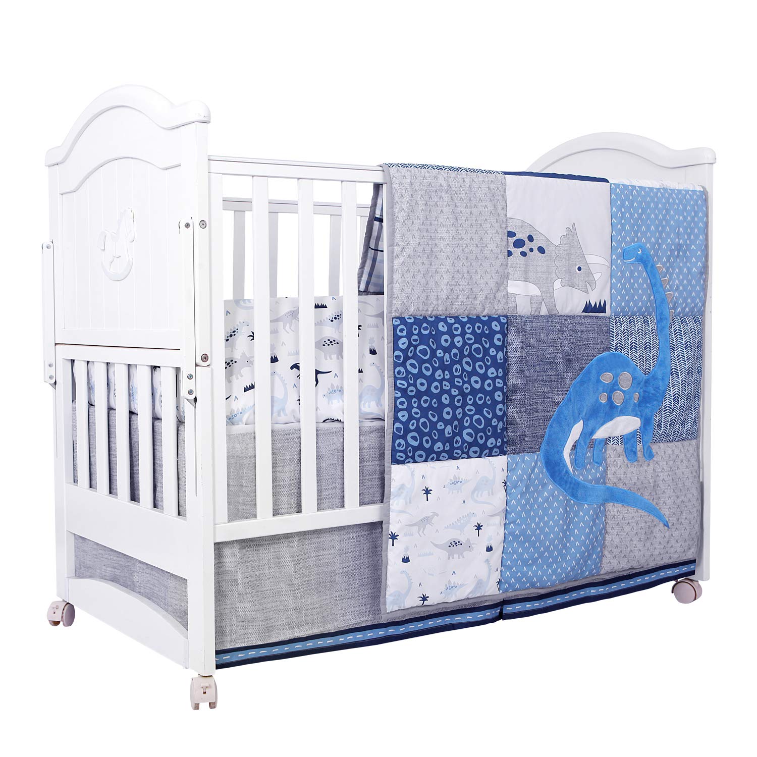 Little Grape Land 3 Piece Baby Crib Bedding Set, Dinosaur Standard Size Crib Set, Nursery Bedding for Boys, Crib Sheet, Comforter, Crib Skirt, 28" x 52", Blue/Grey