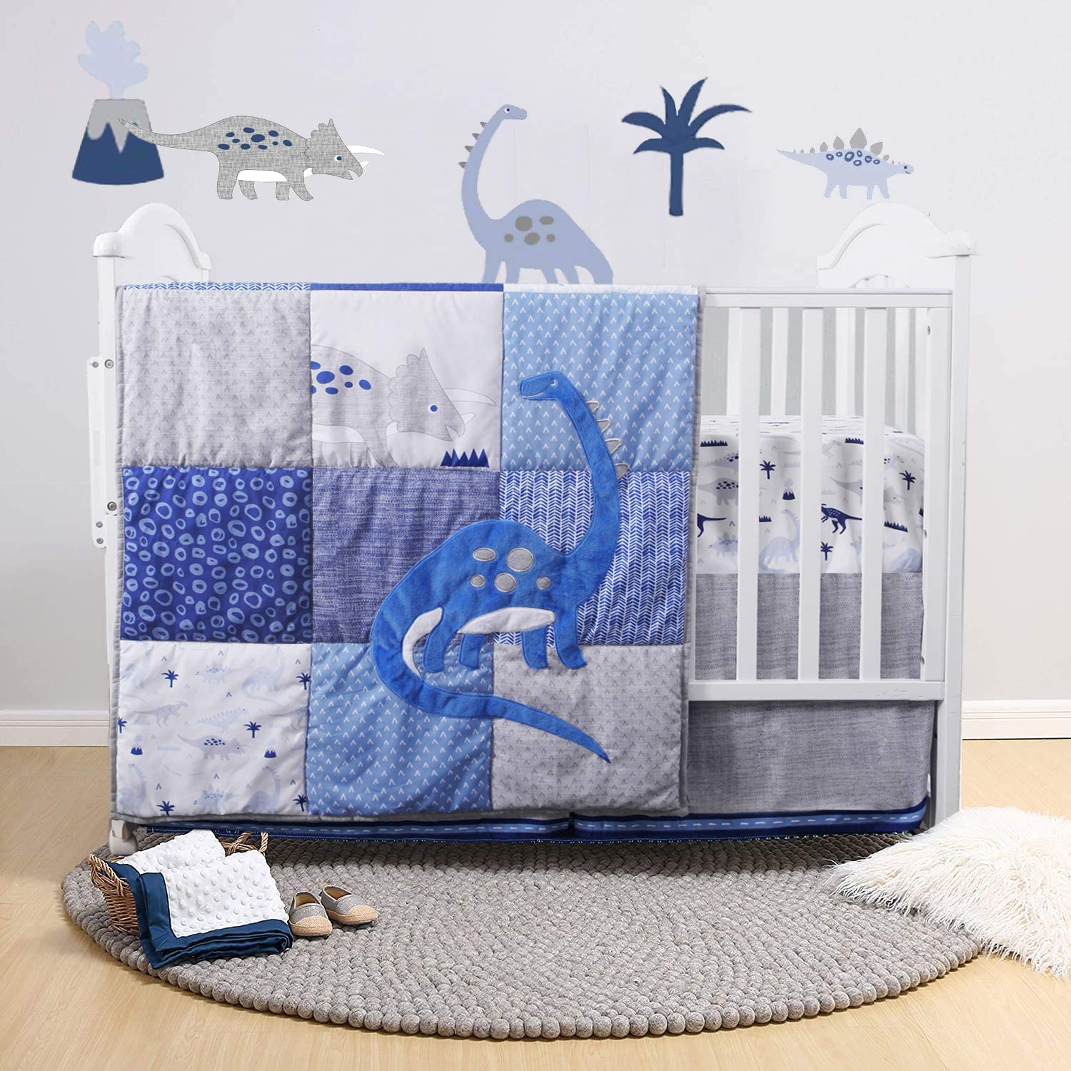 Little Grape Land 3 Piece Baby Crib Bedding Set, Dinosaur Standard Size Crib Set, Nursery Bedding for Boys, Crib Sheet, Comforter, Crib Skirt, 28" x 52", Blue/Grey