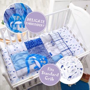 Little Grape Land 3 Piece Baby Crib Bedding Set, Dinosaur Standard Size Crib Set, Nursery Bedding for Boys, Crib Sheet, Comforter, Crib Skirt, 28" x 52", Blue/Grey