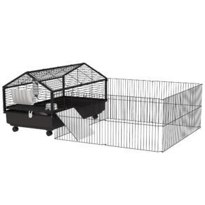 pawhut small animal cage with foldable run area, rolling bunny cage, guinea pig cage, hedgehog cage with water bottle, water bowl, and ramps, 46.5"