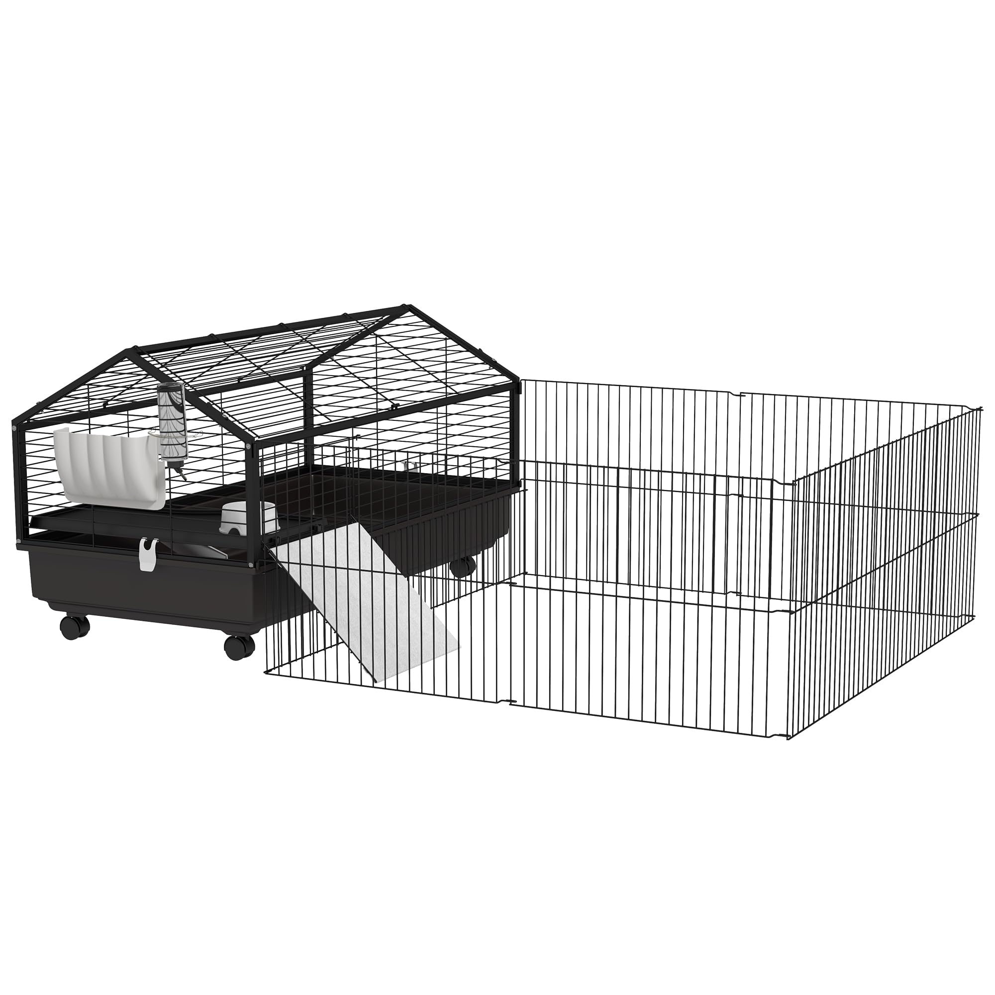 PawHut Small Animal Cage with Foldable Run Area, Rolling Bunny Cage, Guinea Pig Cage, Hedgehog Cage with Water Bottle, Water Bowl, and Ramps, 46.5"