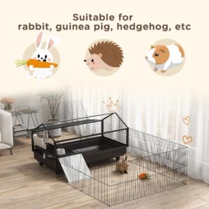 PawHut Small Animal Cage with Foldable Run Area, Rolling Bunny Cage, Guinea Pig Cage, Hedgehog Cage with Water Bottle, Water Bowl, and Ramps, 46.5"