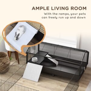 PawHut Small Animal Cage with Foldable Run Area, Rolling Bunny Cage, Guinea Pig Cage, Hedgehog Cage with Water Bottle, Water Bowl, and Ramps, 46.5"