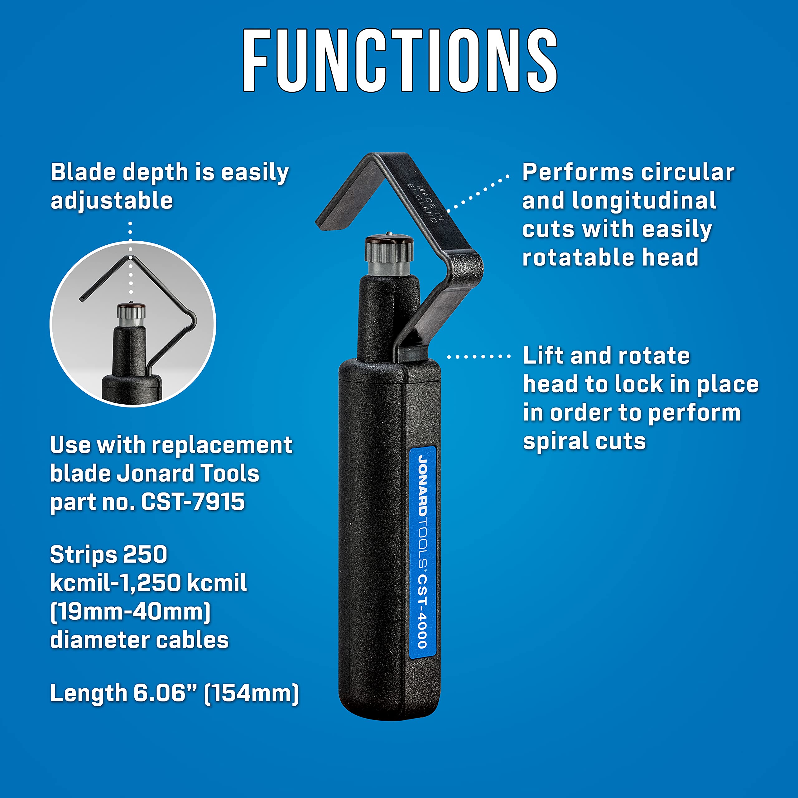 Jonard Tools CST-4000 Round Cable Stripper for Fast and Precise Jacket Removal, Large Cables, 3/4" to 1 5/8" Diameter