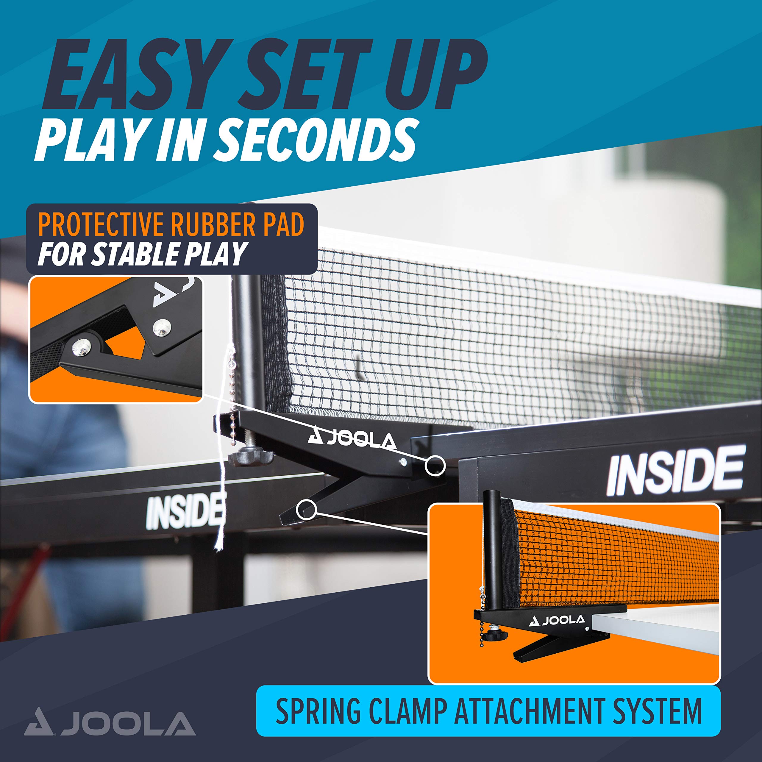 JOOLA Premium Inside Table Tennis Net and Post Set - Portable and Easy Setup 72" Regulation Size Ping Pong Spring Clamp Net, Black