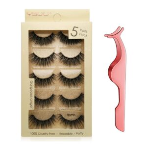 Leipple False Eyelashes 5 Pairs - Professional Reusable 3D Mink Lashes - Handmade Natural Thick Fluffy Fake Eyelashes with Stainless Steel Eyelash Tweezers (Bomb)