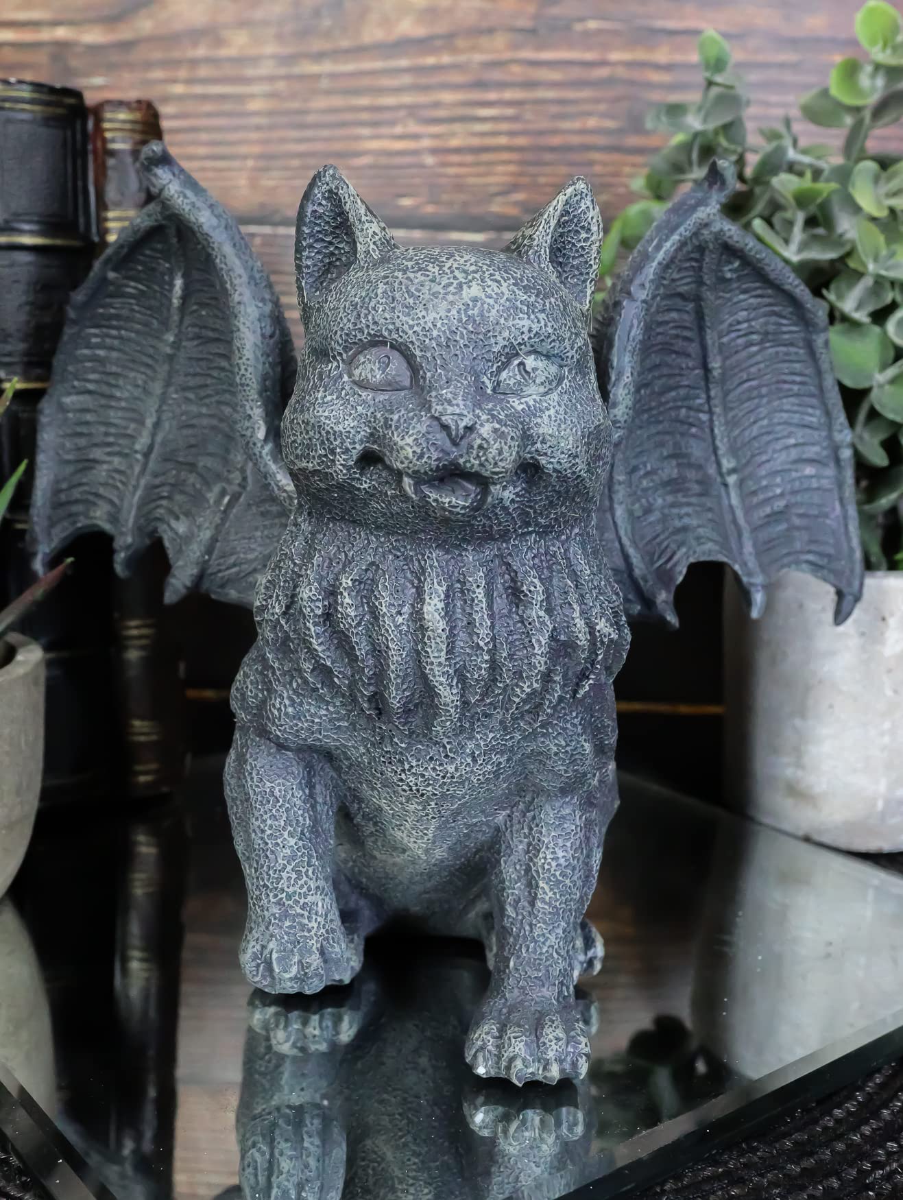 Ebros Gift Medieval Gothic Vampire Catgoyle Winged Cat Gargoyle with Dracula Fangs Lifting Paw Candle Holder Statue 7.25" L Faux Stone Renaissance Macabre Demonic Angel Cats Figurine Sculpture Decor