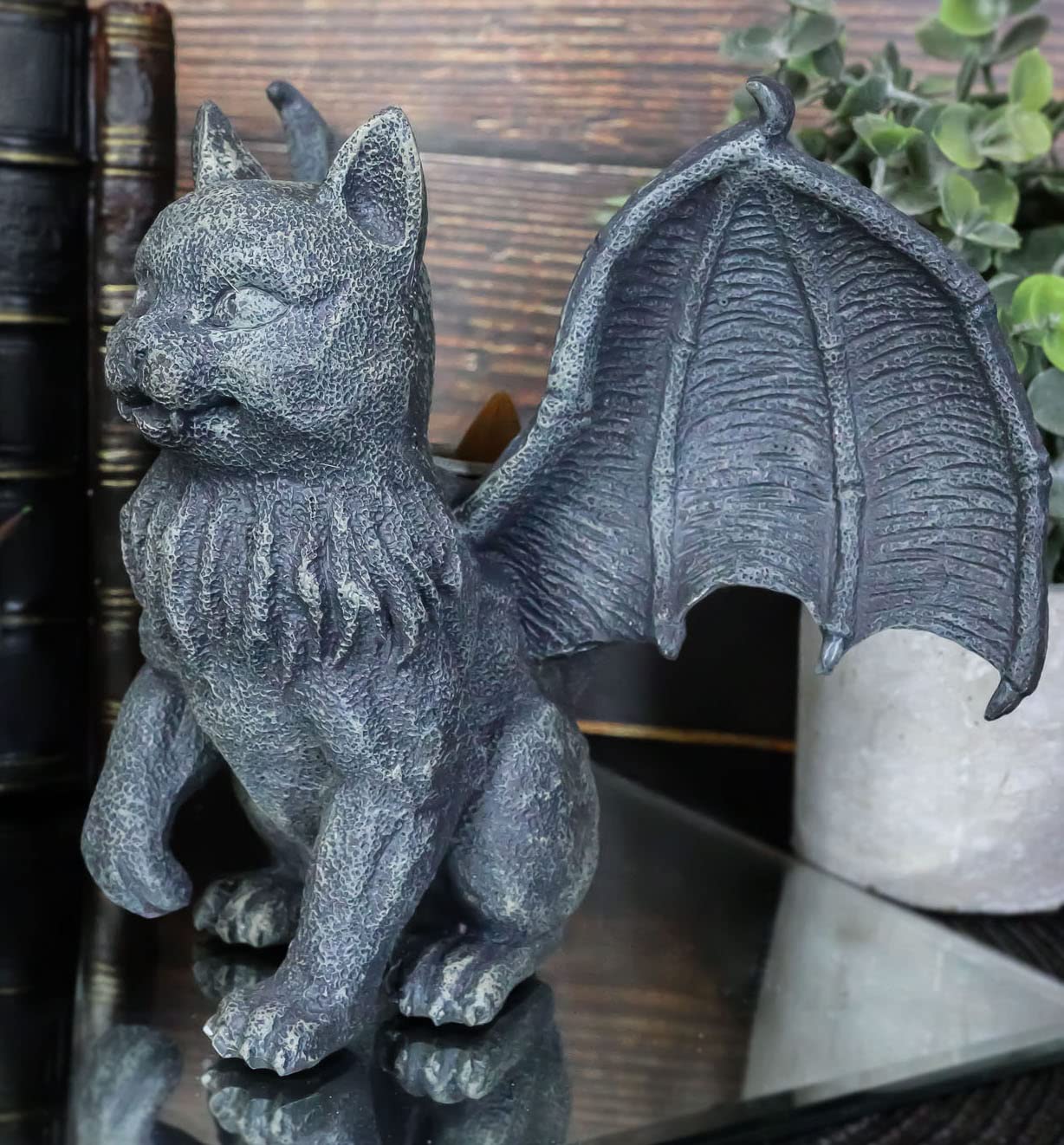 Ebros Gift Medieval Gothic Vampire Catgoyle Winged Cat Gargoyle with Dracula Fangs Lifting Paw Candle Holder Statue 7.25" L Faux Stone Renaissance Macabre Demonic Angel Cats Figurine Sculpture Decor