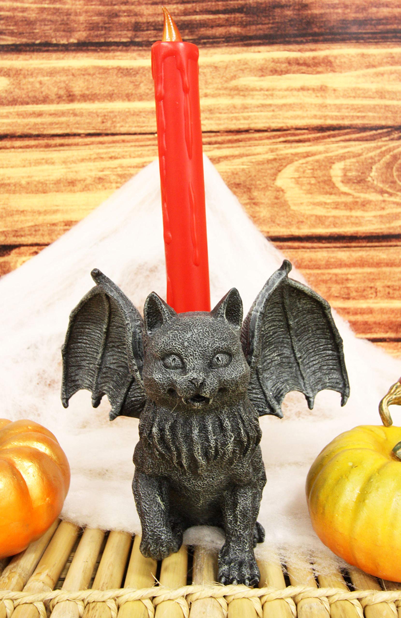 Ebros Gift Medieval Gothic Vampire Catgoyle Winged Cat Gargoyle with Dracula Fangs Lifting Paw Candle Holder Statue 7.25" L Faux Stone Renaissance Macabre Demonic Angel Cats Figurine Sculpture Decor