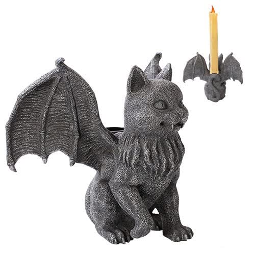 Ebros Gift Medieval Gothic Vampire Catgoyle Winged Cat Gargoyle with Dracula Fangs Lifting Paw Candle Holder Statue 7.25" L Faux Stone Renaissance Macabre Demonic Angel Cats Figurine Sculpture Decor