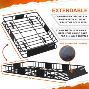 Mockins Anti Rust Roof Cargo Basket |64"x39"x6" Roof Rack Cargo Basket with 16 Cu Ft Waterproof Cargo Bag |250lb Roof Basket Cargo Carrier |Extendable Cargo Roof Rack Basket | Roof Rack Cargo Carrier