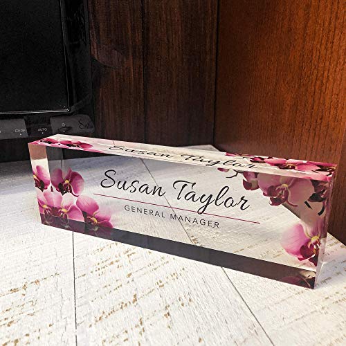 Artblox Custom Desk Name Plate - Orchids Design on Clear Acrylic Glass - Personalized with Your Name and Credentials for Office