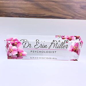 Artblox Custom Desk Name Plate - Orchids Design on Clear Acrylic Glass - Personalized with Your Name and Credentials for Office